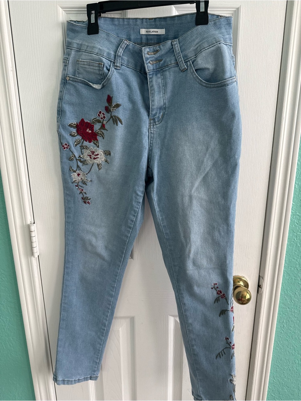 Revolution Light Blue High-Rise Jeans with Red Floral Embroidery